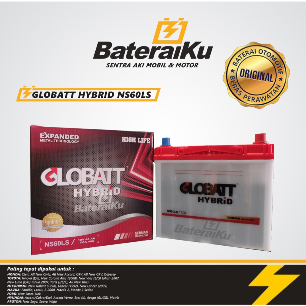 Aki Mobil Globatt Hybrid NS60LS Untuk Yaris, Innova, BRV, CRV, dll
