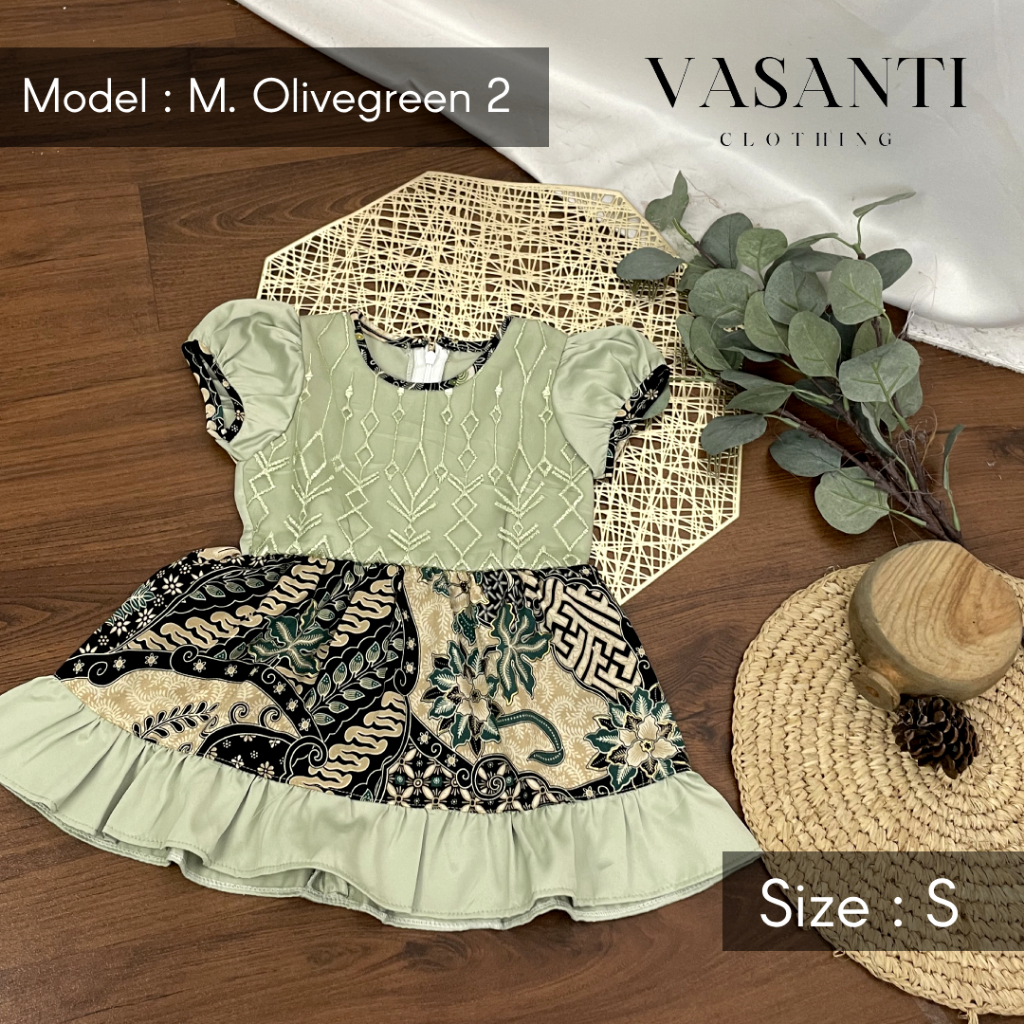 DRESS BATIK ANAK PEREMPUAN MODERN WARNA SAGE OLIVE GREEN UKURAN S