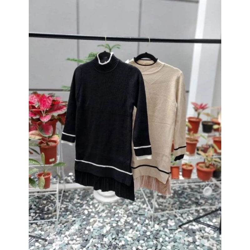 SALE - Midi Dress Kombinasi Knit Bludru Korean Import