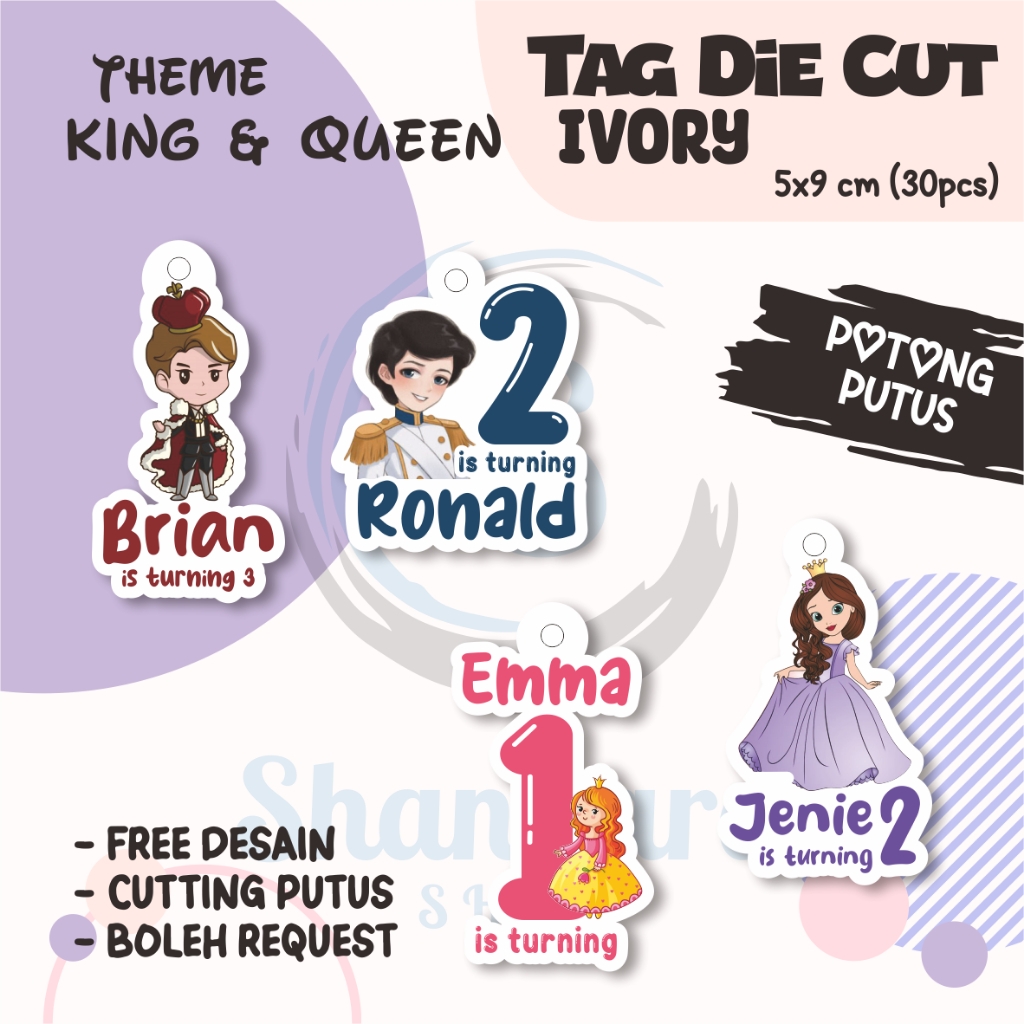 

(30pcs) Tag THEME KING & QUEEN ( TAG ONLY ) / Tag Hampers Ulang Tahun Anak / Gantungan Custom / Cutting DIE cut / Hangtag Hologram