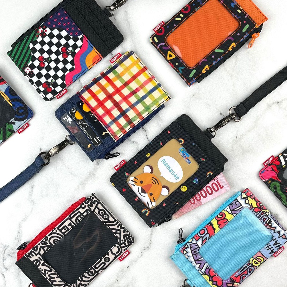 

ID card holder hanging wallet name tag kartu lanyard zipper kain motif a O4T9