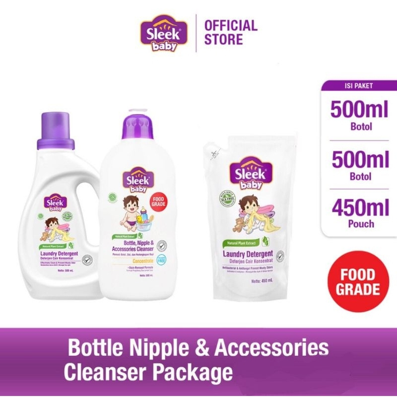 SLEEK BABY - Special Package / paket pencuci botol dan laundry sleek baby lengkap isi 3 pcs paket ka