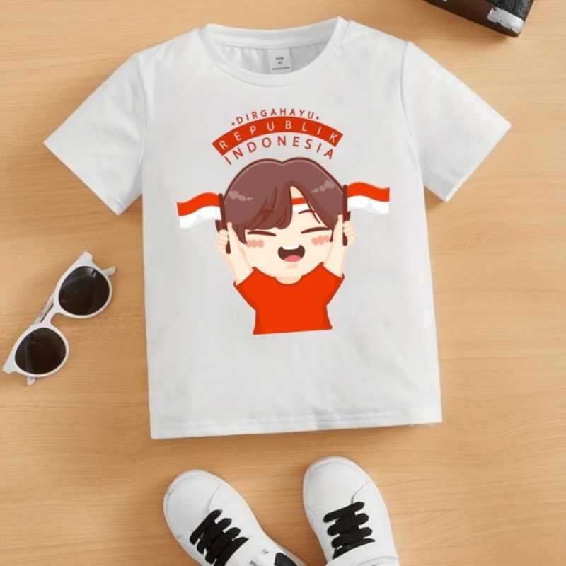 Kaos atasan anak kemerdekaan Indonesia merah putih HUT RI ukuran 1-10 tahun gambar cow bendera 2