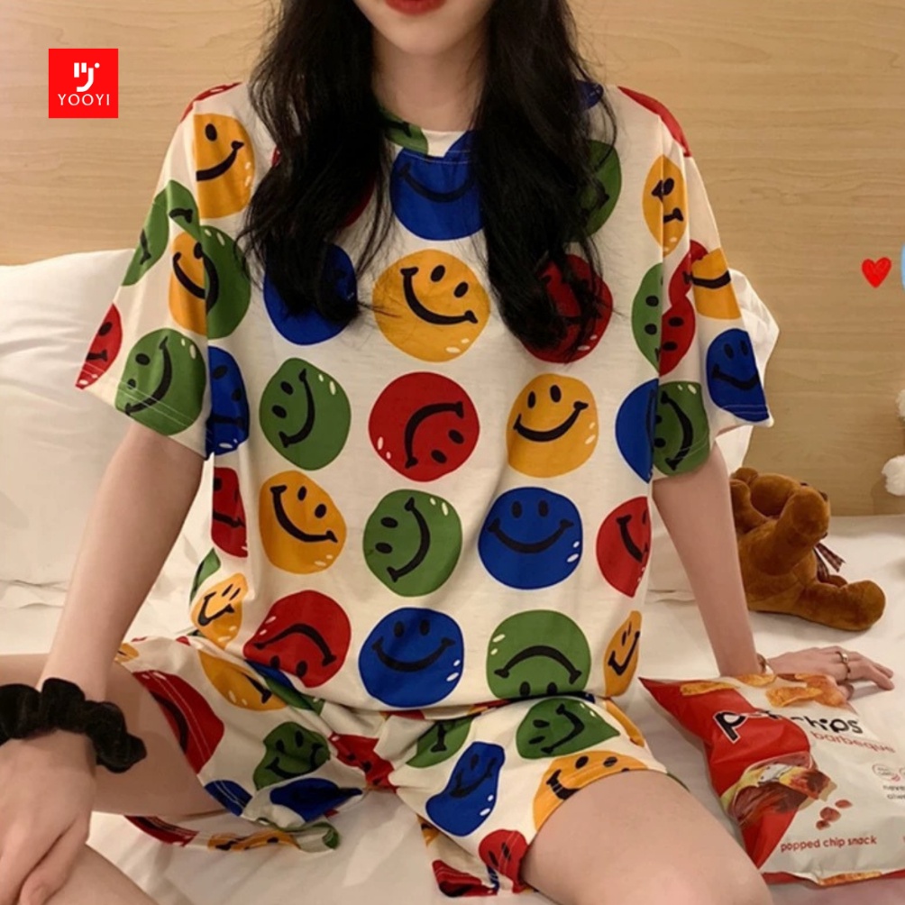 KODE I9G Yooyi Baju Tidur Wanita Piyama Size L Kecil Korea Lengan Pendek Celana Pendek Motif Kartun 
