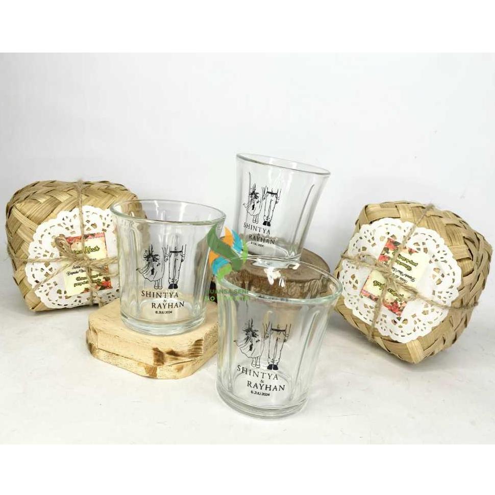 Souvenir Gelas Cangkir Kaca Kecil Mug Minum Kopi Tumbler Jamu Beling Sablon