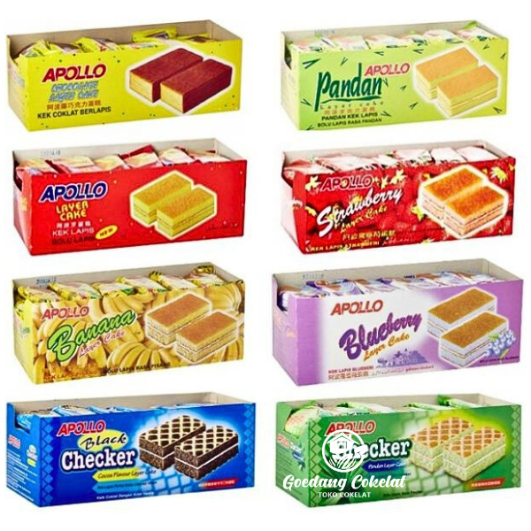 

Apollo Layer Cake Black Forest Checker Cocoa Bolu Lapis Rasa Pandan Coklat Chocolate Blueberry Strawberry Kemasan 1 Box Isi 24pcs x 18g