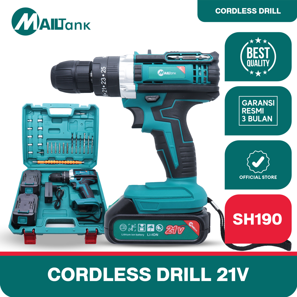 Mailtank SH190 Mesin Bor Baterai 21V Cordless Drill 10mm Dapat 2 Baterai BONUS KOPER DAN SET MATA BO