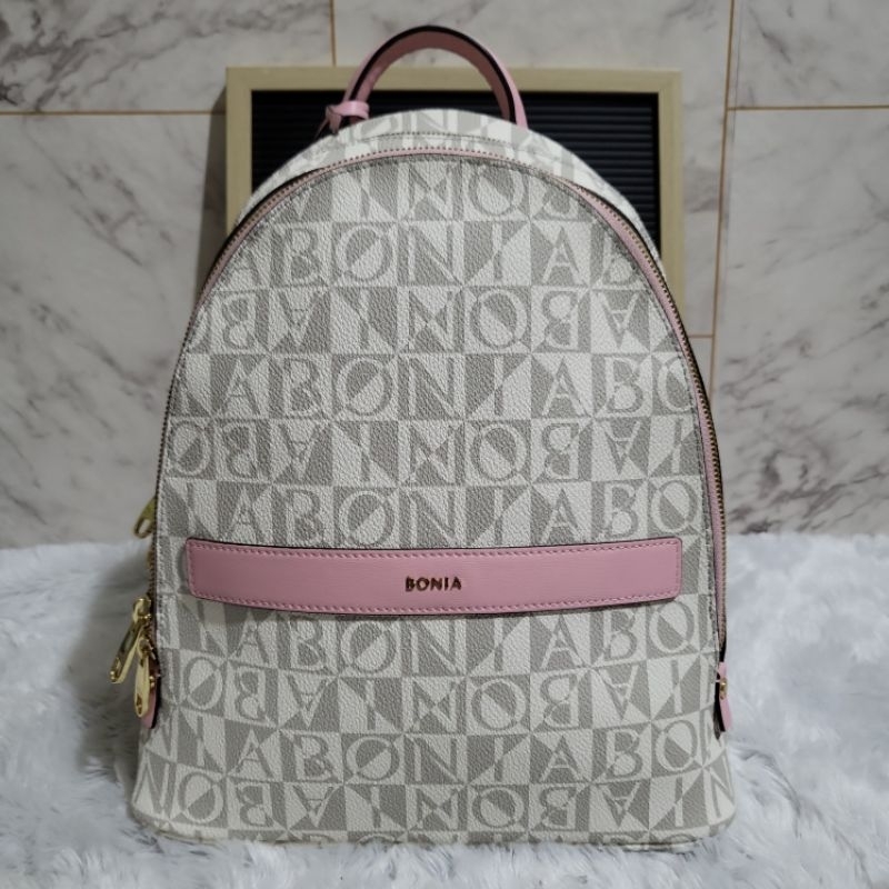 tas ransel bonia original backpack monogram putih pink M