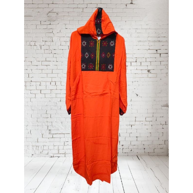 Long Dress/Terusan/Kaftan Wanita Rayon Mix Tenun With Capuchon