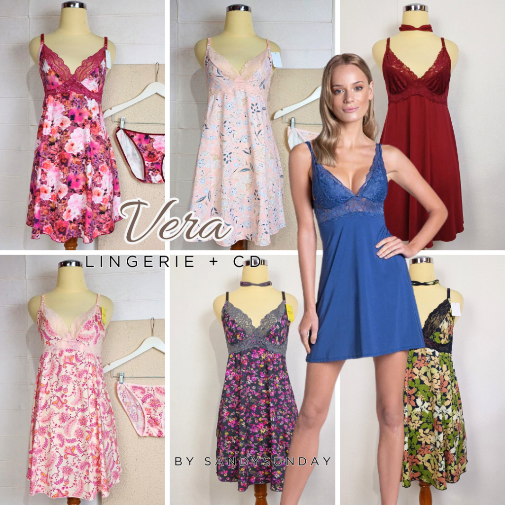 Sandysunday VERA Baju Tidur Dewasa Lingerie Renda Satin Silk + Gstring Transparan, Baju Dinas Malam 