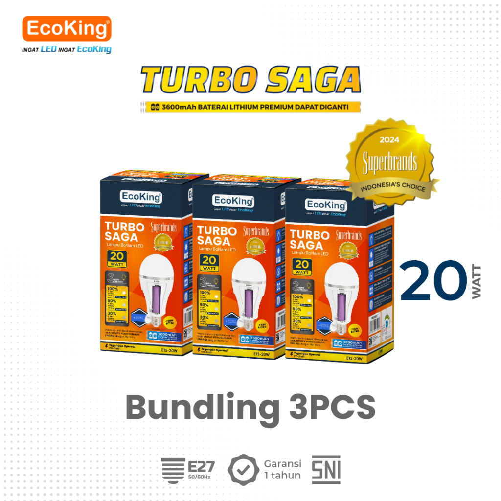 EcoKing Lampu Darurat Bohlam Rumah LED Turbo Saga EMERGENCY Tahan Lama 20W Cahaya Putih (DC 3 Level)
