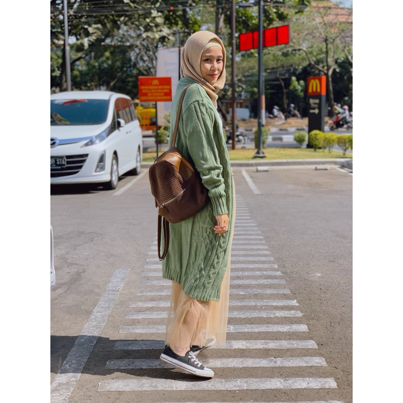 Cardigan Rajut/Outer Rajut/Luaran Rajut/ Long Hoodie Cable Cardi Madanara
