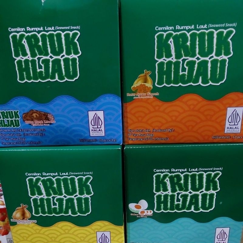 

kriuk hijau cemilan rumput laut (seaweed snack),,1box isi 12pcs x 4gram..