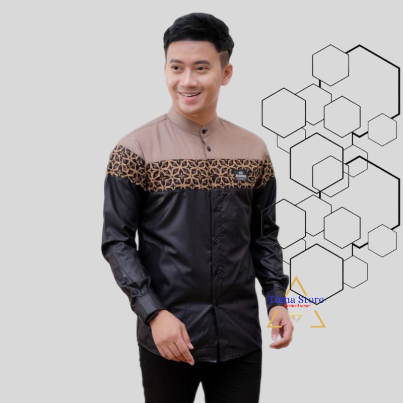 Baju koko pria lengan panjang motif yudistira kombinasi batik terbaru kerah sanghai kemko hadroh lak