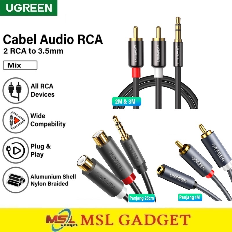 dorifarms - ugreen kabel audio aux 3.5mm ke 2 rca stereo untuk speaker & amplifier tv