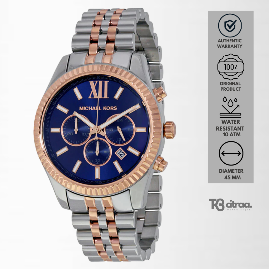 jam tangan pria Michael Kors Lexington analog strap rantai Chronograph Silver Rosegold Navy Dial Sta