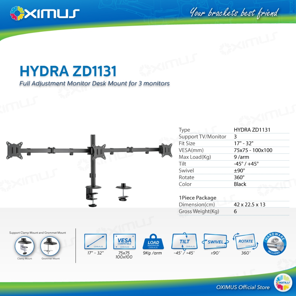 BRACKET TV LCD MONITOR 27"-32" OXIMUS HYDRA ZD1131 TILT SWIVEL ROTATE