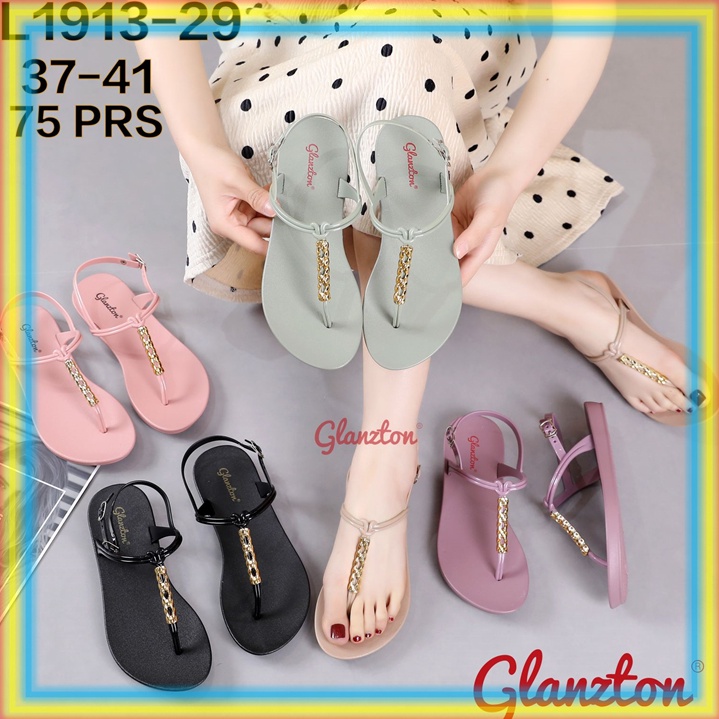 KODE O52R L191329 Sendal Jepit Wanita Glanzton Sepatu Sandal Cewek Tali Belakang Kabel Krom Chrome G