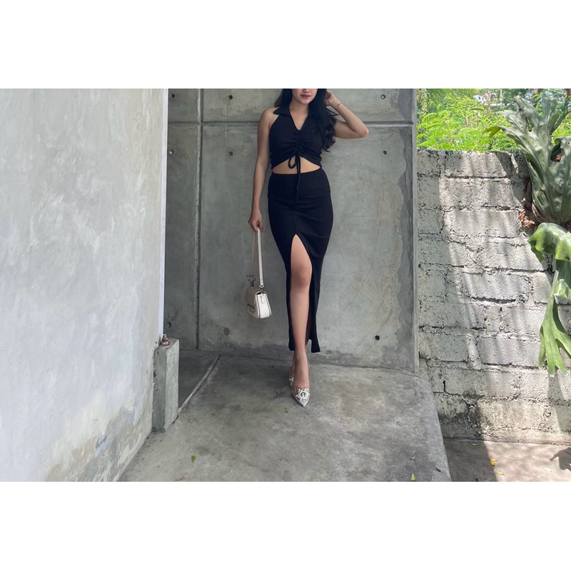 BAJU LISA ONE SET RIB TANKTOP SERUT + ROK BELAH PANJANG