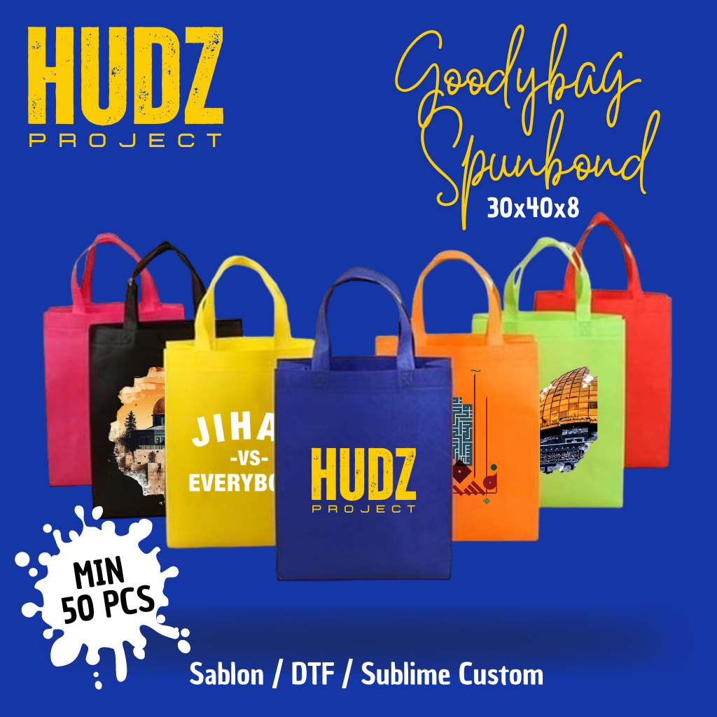 

Hudz Project /MINIMAL ISI 50PCS Goodie Bag Tas Hajatan Souvenir Hampers Kantong Belanja Kain Spunbond custom 30X40X8