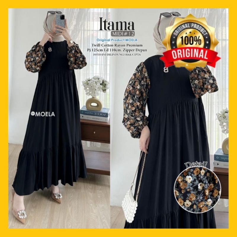 MIDI DRESS RAYON POLOS KOMBINASI MOTIF BUNGA WANITA MUSLIM LENGAN PANJANG TERBARU WARNA HITAM ITAMA 