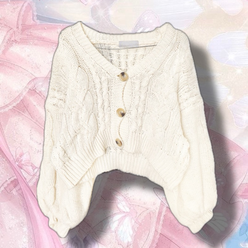 CROP KNIT CARDIGAN RAJUT CABLE KEPANG BROKEN WHITE CREAM NANING9 LENGAN BALON