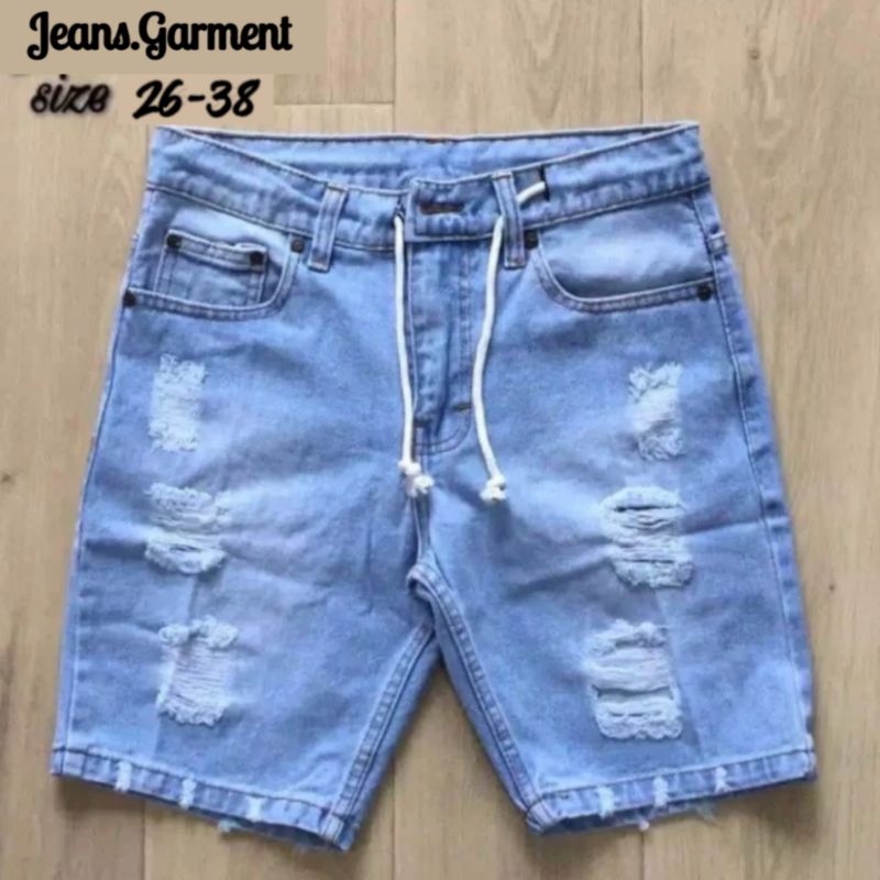 (BISA COD) Celana jeans pendek sobek pria wisker jeans pendek kancing ripped robek pria premium dist