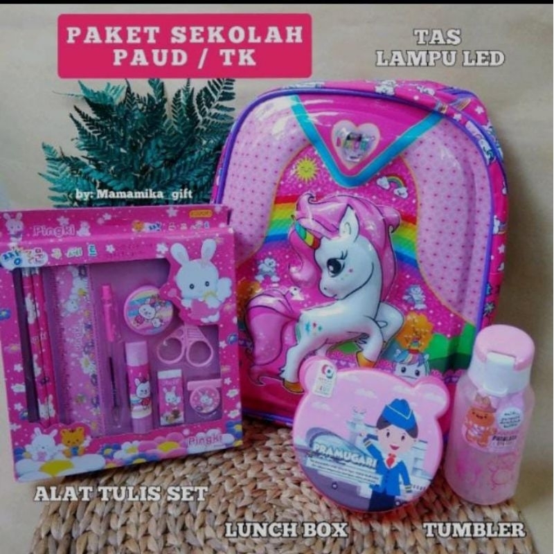 

paket tas+lunch box+tempat minum+alat tulis anak