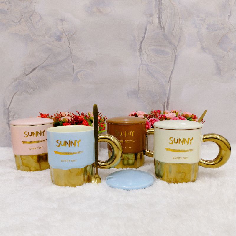 Mug /Gelas Keramik Sunny + Tutup + Sendok