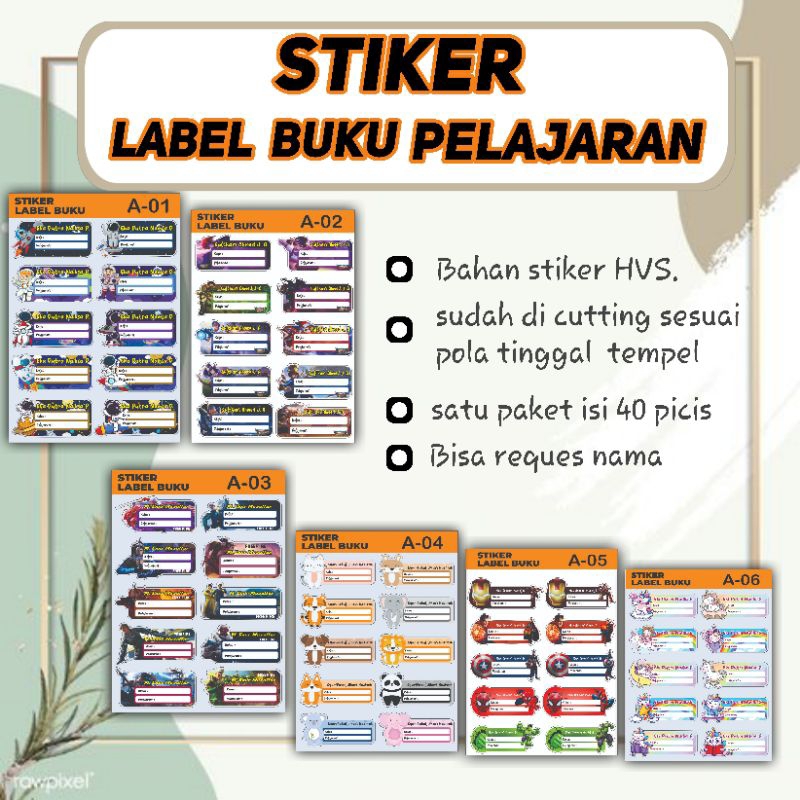 

STIKER LABEL BUKU PELAJARAN isi 40 picis banyak pilihan.