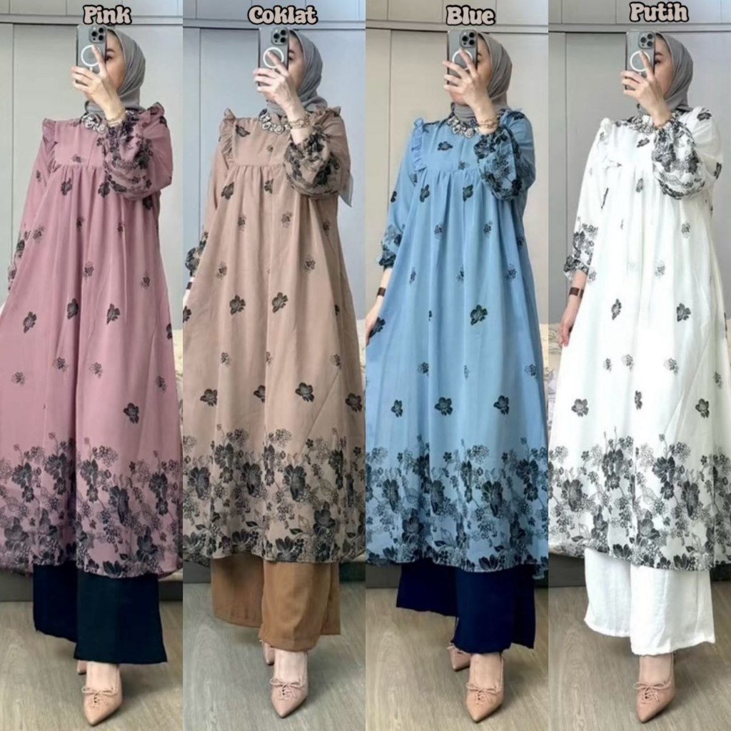 setelan long tunik wanita kirana oneset tunik panjang wanita setelan kulot lengan panjang oneset wan