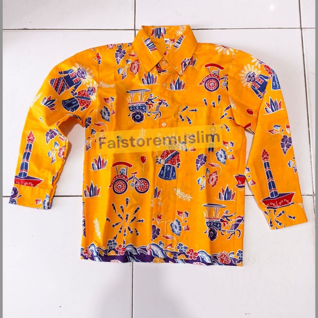 Seragam Batik/Kemeja Ondel Ondel Anak Lengan Panjang Motif Ondel Betawi Seragam Sekolah SD Batik