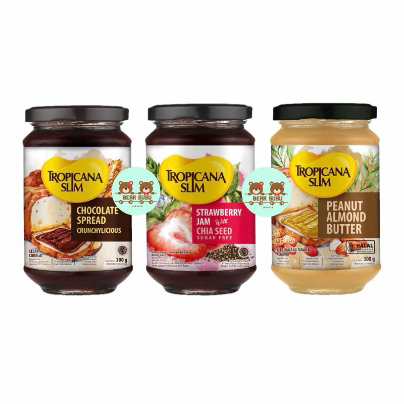 

XMASTER TROPICANA SLIM SELAI 1 JAR CHOCOLATE SPREAD 300GR / PEANUT ALMOND BUTTER 300GR / STRAWBERRY