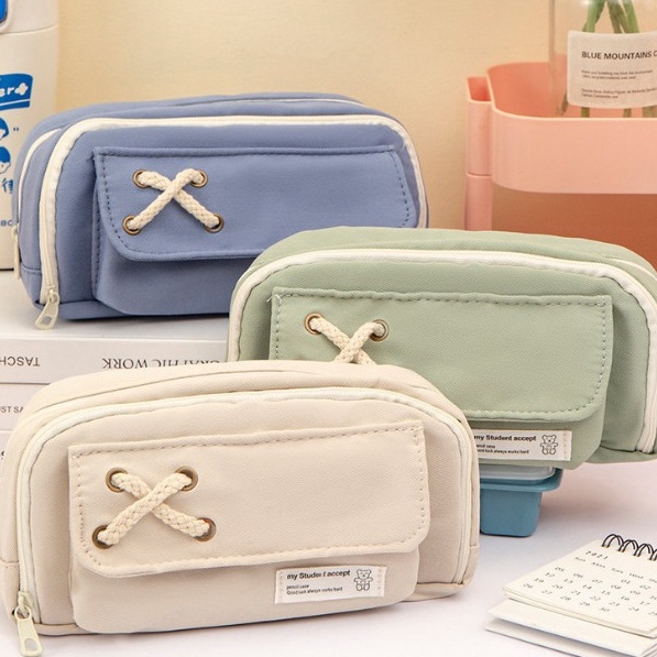 

Tempat Pensil Model Pita Silang Kotak Pensil Tali Rami Ritsleting Ganda Bahan Kanvas Pouch Tempat Alat Tulis Perlengkapan Sekolah Kantor Dua Sisi Resleting i I2U2