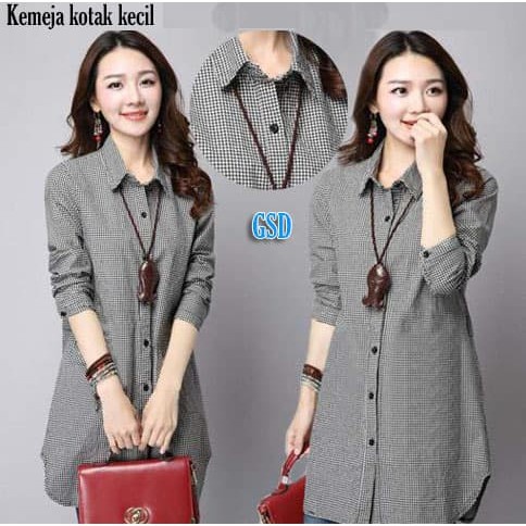 Kameja tunik wanita kekinian.tunik KTC katun kotak kecil terbaru 2024.kameja wanita korean style