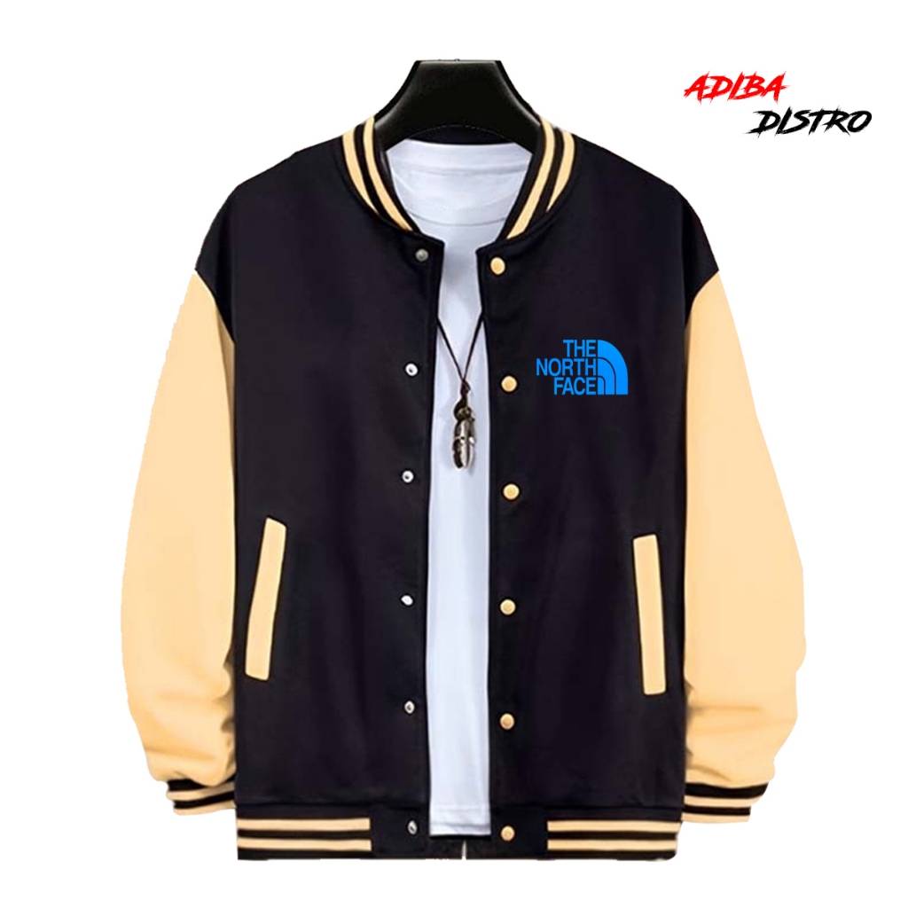 Jaket Varsity Baseball Pria Wanita Bahan Fleece Tebal TNF Sky Blue Bisa COD