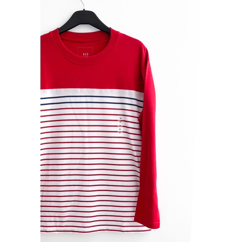 Kaos/T-Shirt Red Label Lengan Panjang Merah Putih Garis Biru Tua Merah (Unisex, untuk Pria & Wanita)