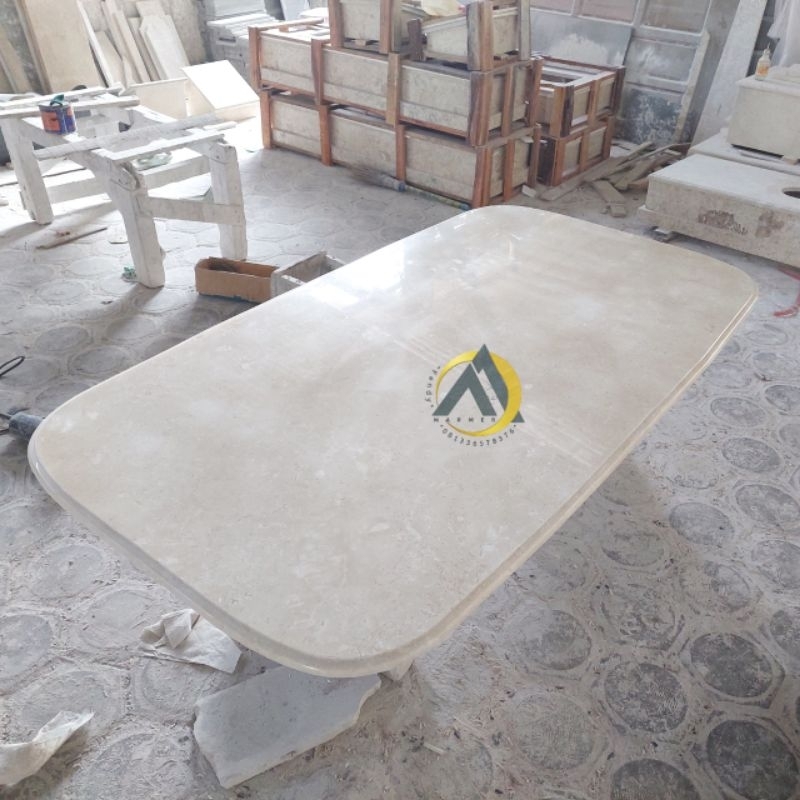 Daun meja top table kotak pojok lengkung batu marmer putih krem kilap glossy 160x90