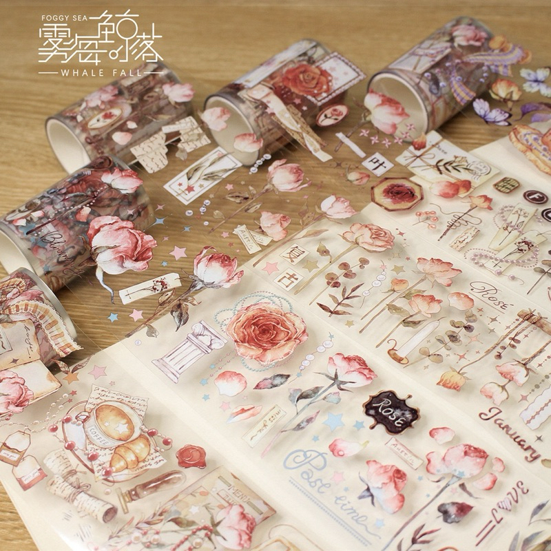 

(8BA) washi tape selotip transparan motif mix bunga musik jam flower music clock journaling