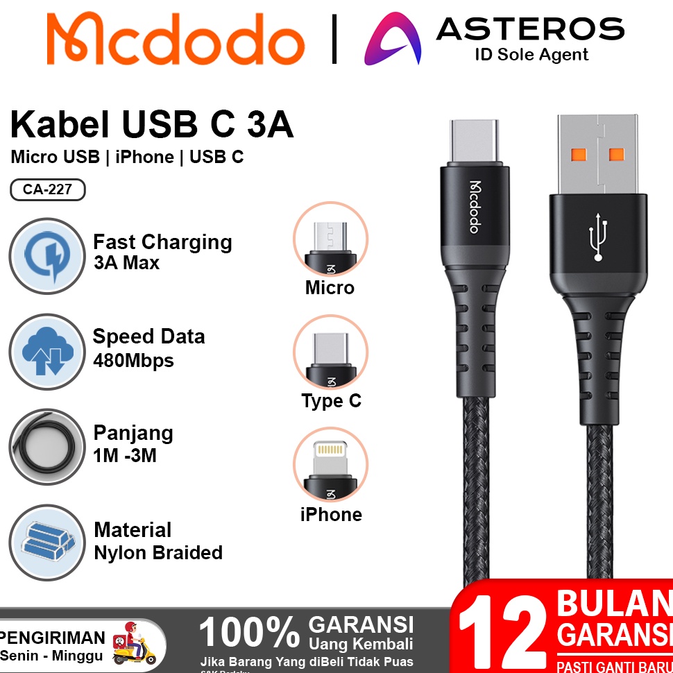 KODE L86I MCDODO Kabel Data For iPhone Type C Micro USB Fast Charging 3A 1M 2M 3M