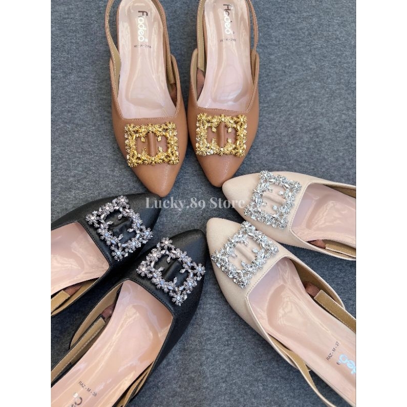 FLADEO Sandal Wanita Tali Belakang Variasi Bunga Emas Mewah