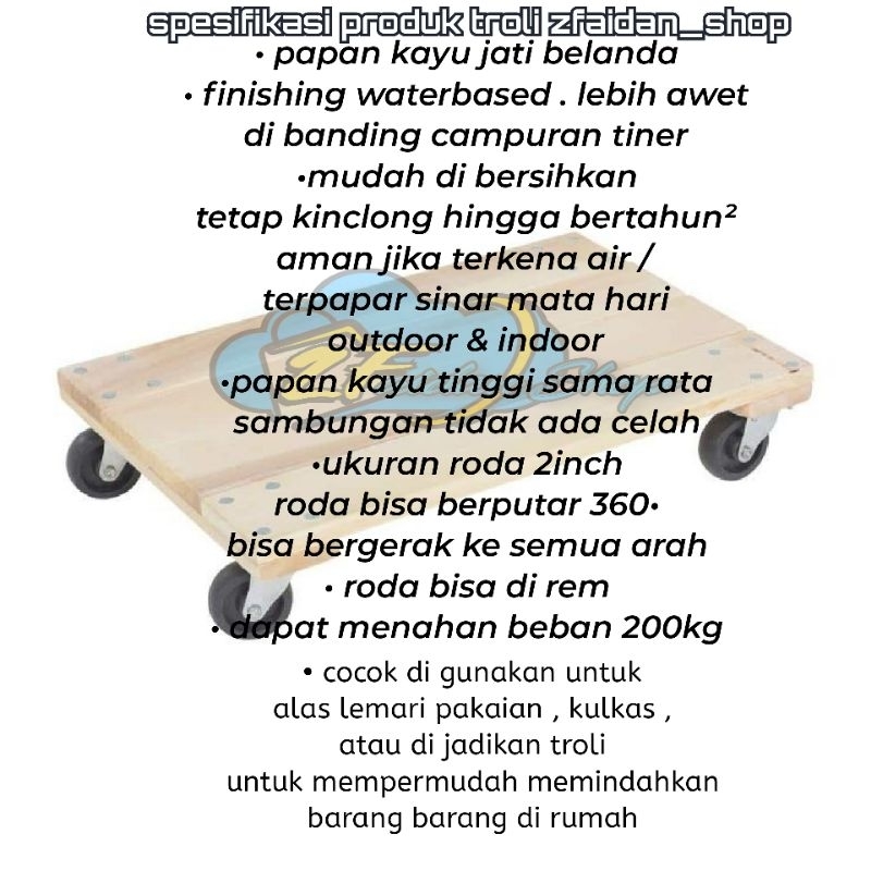 Shp1 Papan Troly Kayu Jati Belanda / Alas Papan Kayu Dengan Roda 2inch / Alas Lemari Kayu Dengan