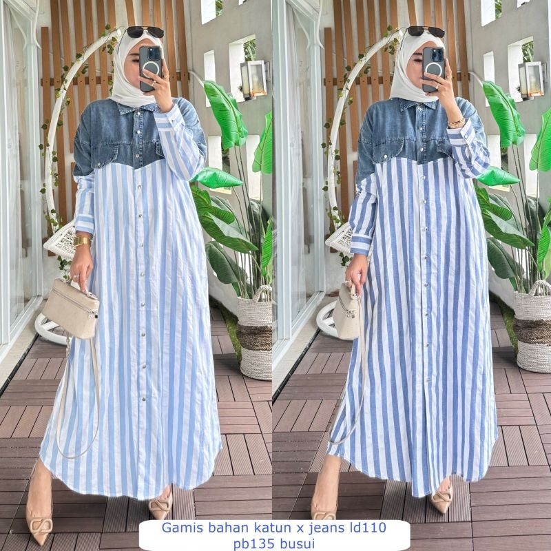 Gamis Jeans Kode 311.06 Motif Salur Bahan Katun X Jeans Busui Friendly 2 Warna