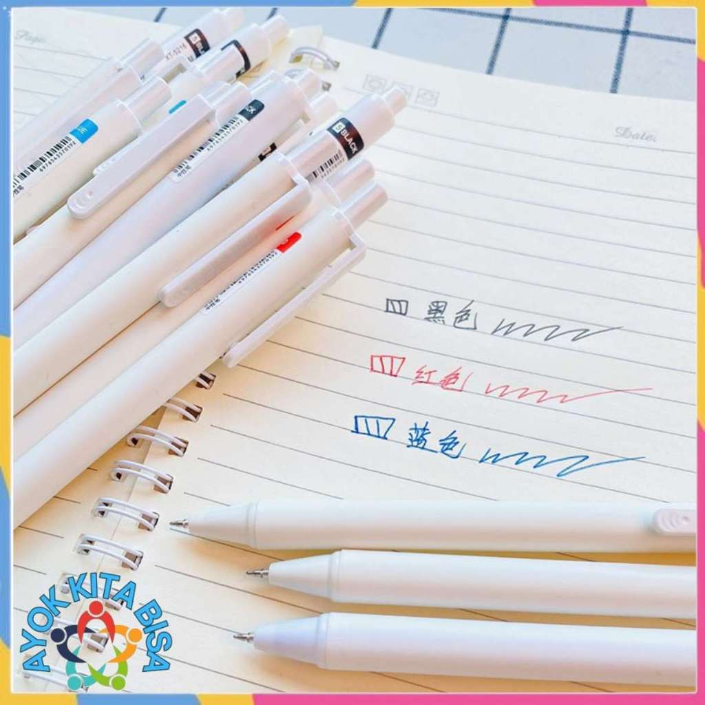 AKB Pena Cetekan Polos Putih Pena Gel 0.5mm Pulpen Warna Tinta Hitam Biru Alat Tulis Sekolah Kantor 