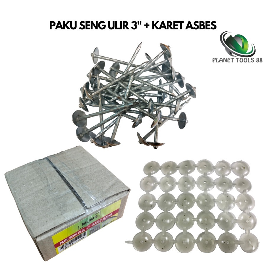 PLANET Paket Per 30 Pcs Paku Seng Ulir 3" Inch 7.5cm MUMS + Karet Asbes Bening Transparan / Karet Se