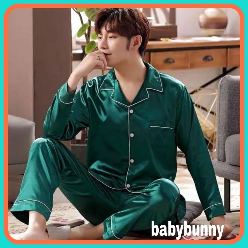 stelan baju tidur piyama pp cowok pria lelaki satin polos