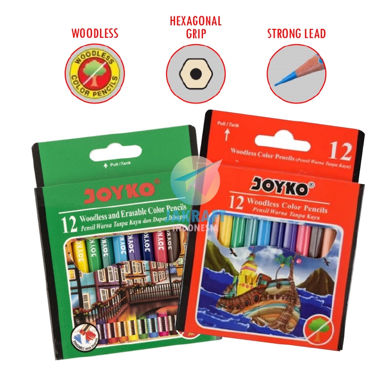

BERKUALITAS 12 Pcs Pensil Warna Pendek 12 Warna JOYKO Color Pencil CP17 Woodless High Quality Color Strong Lead