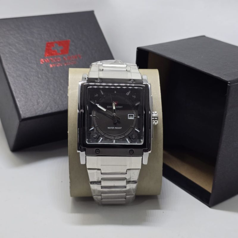 Jam Tangan Pria Swiss SA46321 Original Analog Tggl Disen Kotak Segi Rantai Stainless Steel Tahan air