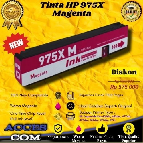 Cartridge Tinta Compatible HP 975X Magenta Printer Pagewide Pro 452dn, 452dw, 477dn, 477dw, 552dw, 5
