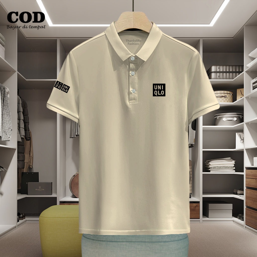 Baju Distro Style Polo Kerah Uniqlo + Lengan Text Hitam Kaos Polo T Shirt Denim Premium Quality Atas